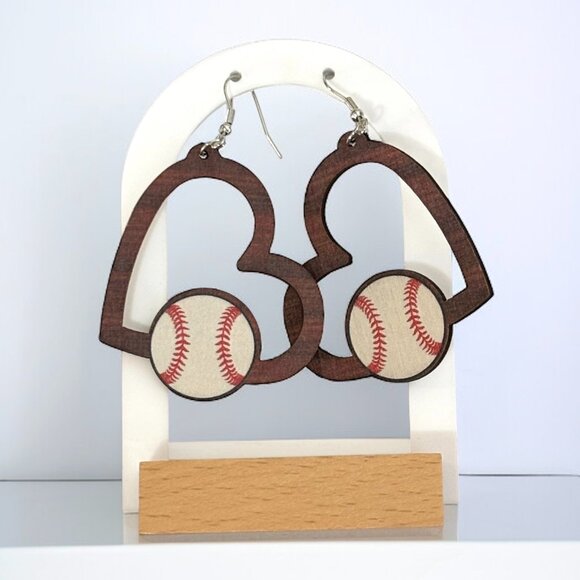 Heart Baseball Wood Earring - Picture 1 of 5